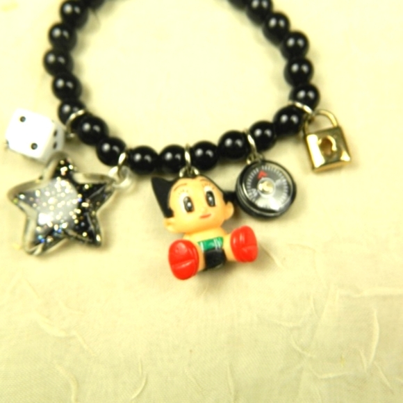 Vintage Bomgom Charm Bracelet Black Bead Dice Star Compass Astro Boy Kawaii Rare - Picture 2 of 5